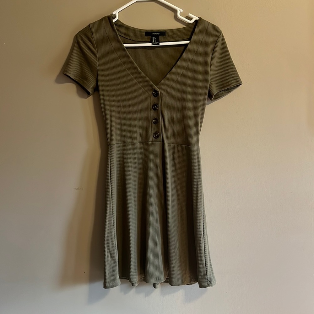 Army green Forever 21 dress with buttons. Top is fitted and bottom flows!